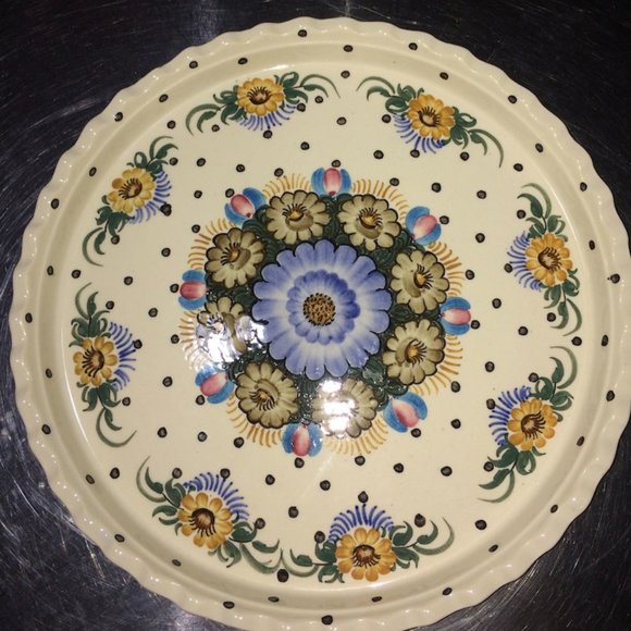 Quiche or pie plate, hand-painted in Poland, about 14", flowers - Picture 1 of 3